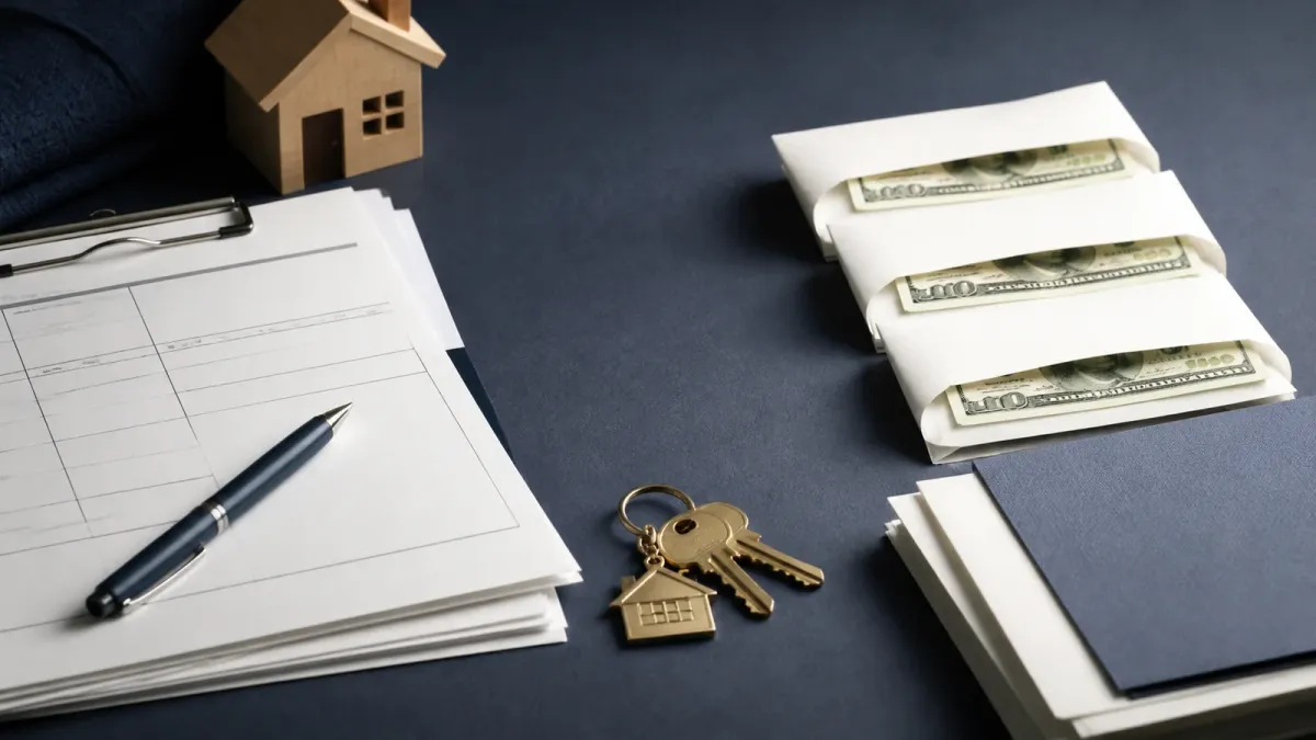 House keys, blank mortgage papers, and separate cash-reserve envelopes arranged as a homebuying stress test.