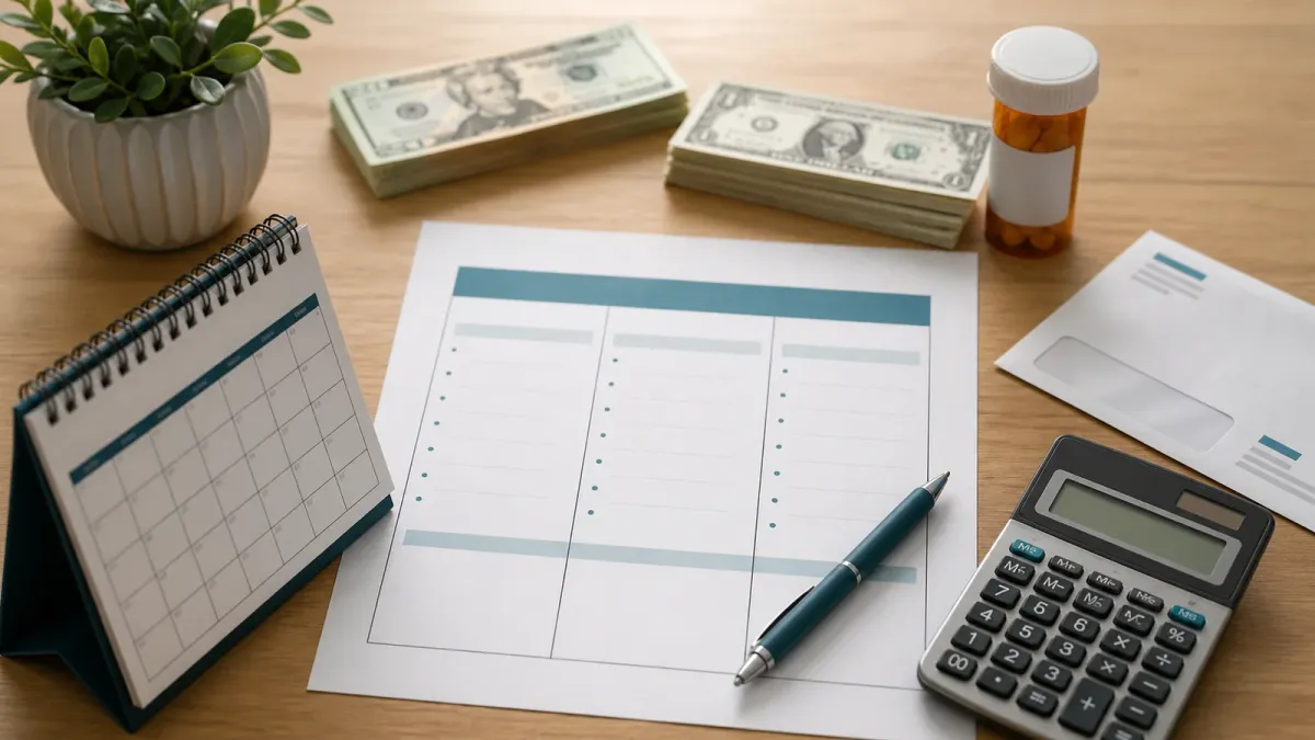 A benefit-planning worksheet, calendar, calculator, medicine bottle, bill envelope and cash arranged on a desk.