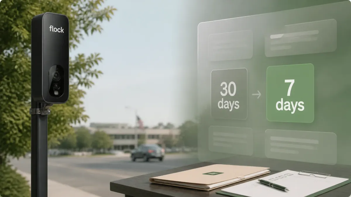 A Flock Safety-style roadside camera beside translucent controls showing a shift from 30 days to 7 days.