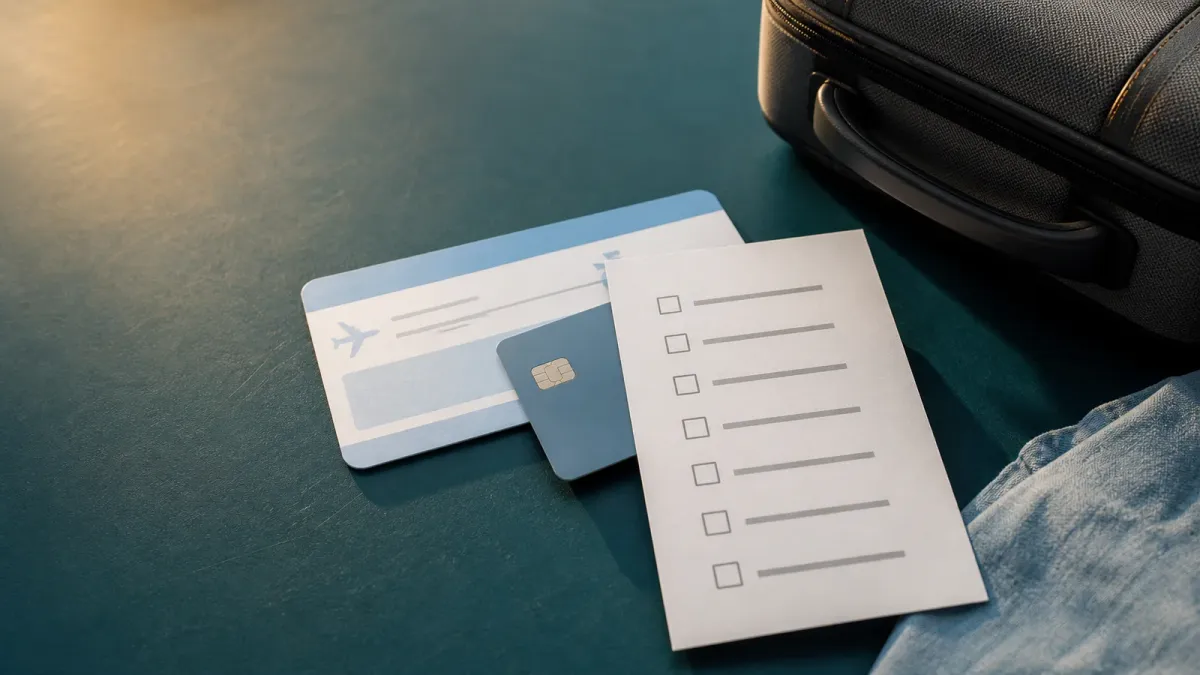 A tabletop travel booking scene with a refund checklist between a payment card and an unbranded boarding pass.