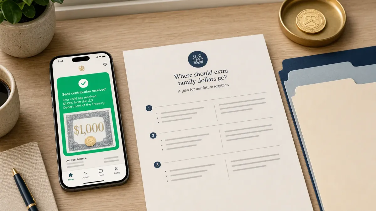 A phone with a Trump Accounts-style contribution screen sits beside blank savings paperwork and comparison folders.