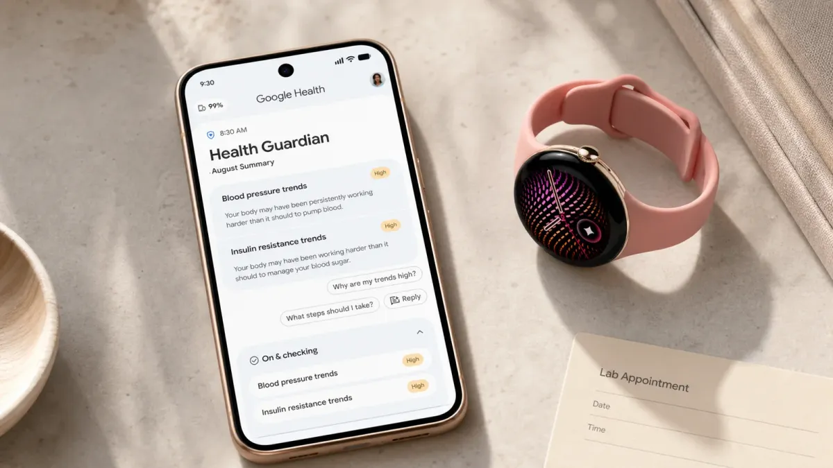Google Health Guardian shown on a phone beside a Pixel-style watch and a blank lab appointment card.