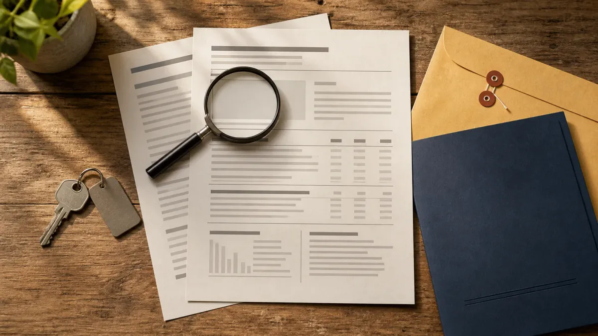 Mortgage escrow statements, a house key, tax envelope and insurance folder arranged beneath a magnifying glass on a wooden table.
