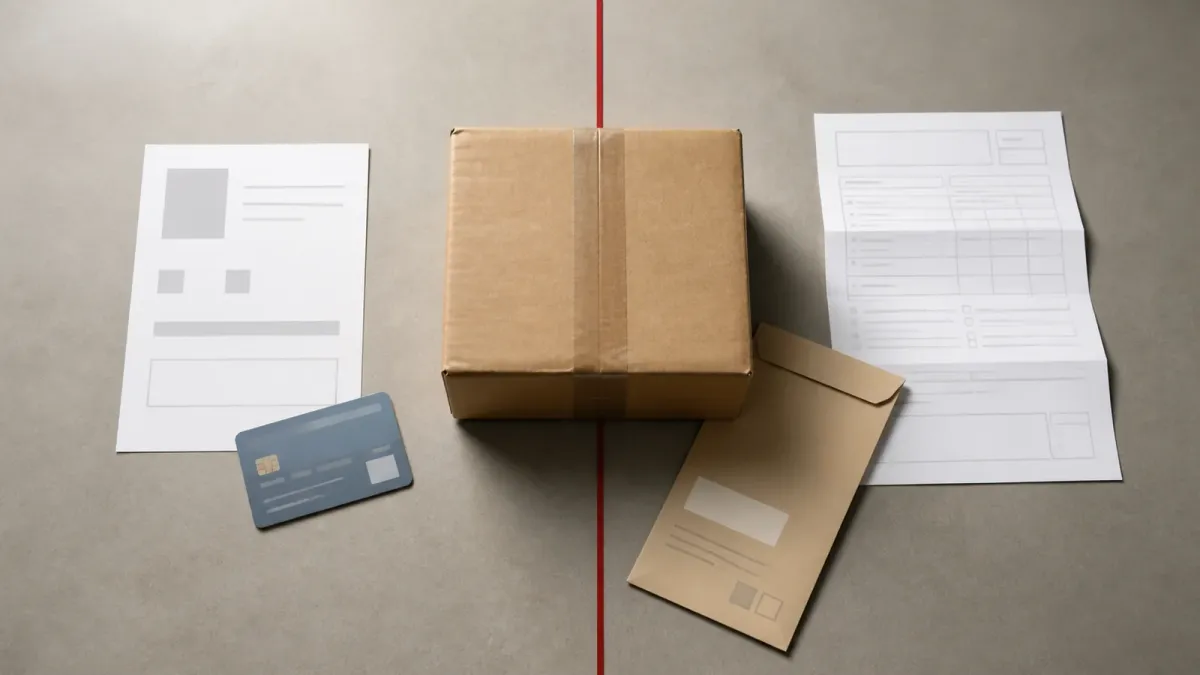 A small parcel crosses a red boundary between a purchase slip and separate customs and carrier charge papers.