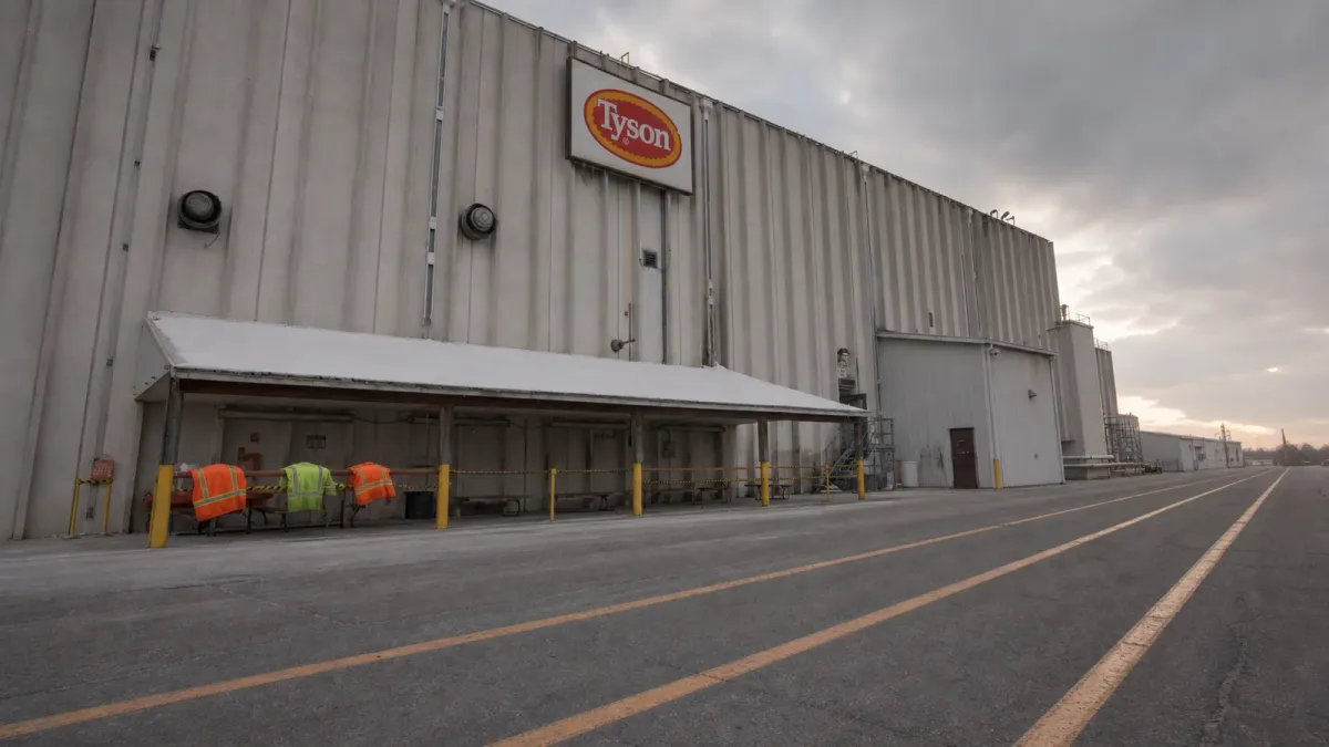 The Tyson Foods sign above a quiet plant access area with three work jackets resting on a safety rail