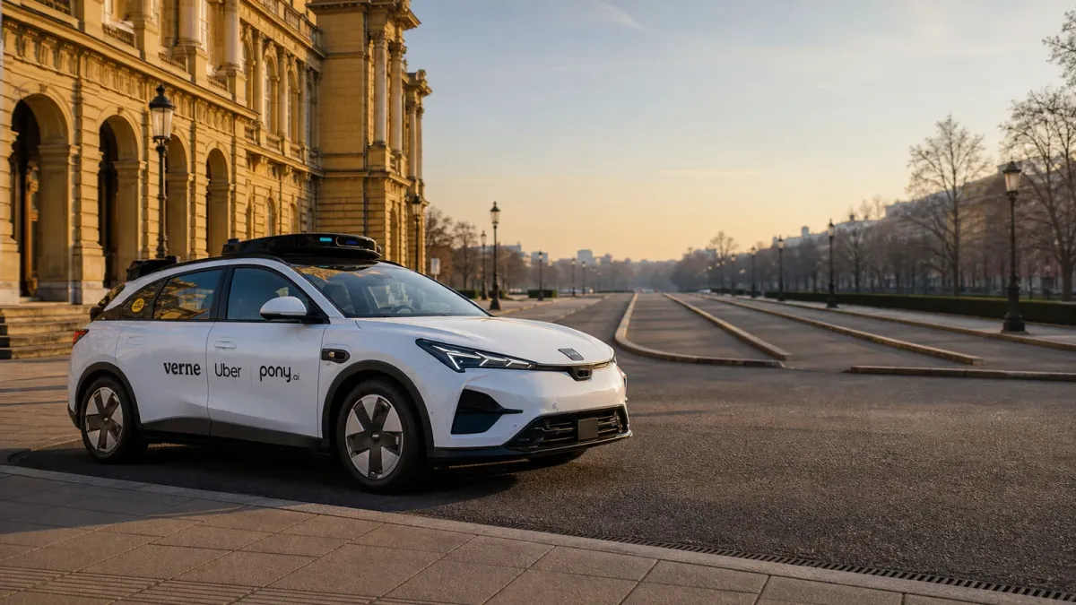 A source-grounded Pony.ai, Uber and Verne robotaxi in Zagreb beside four empty roadway routes representing the unnamed expansion cities