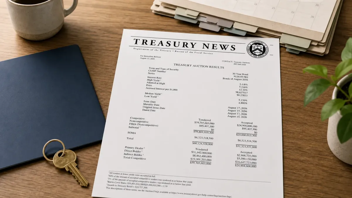 Official Treasury auction results on a planning desk with a long calendar sequence and a nearby house key