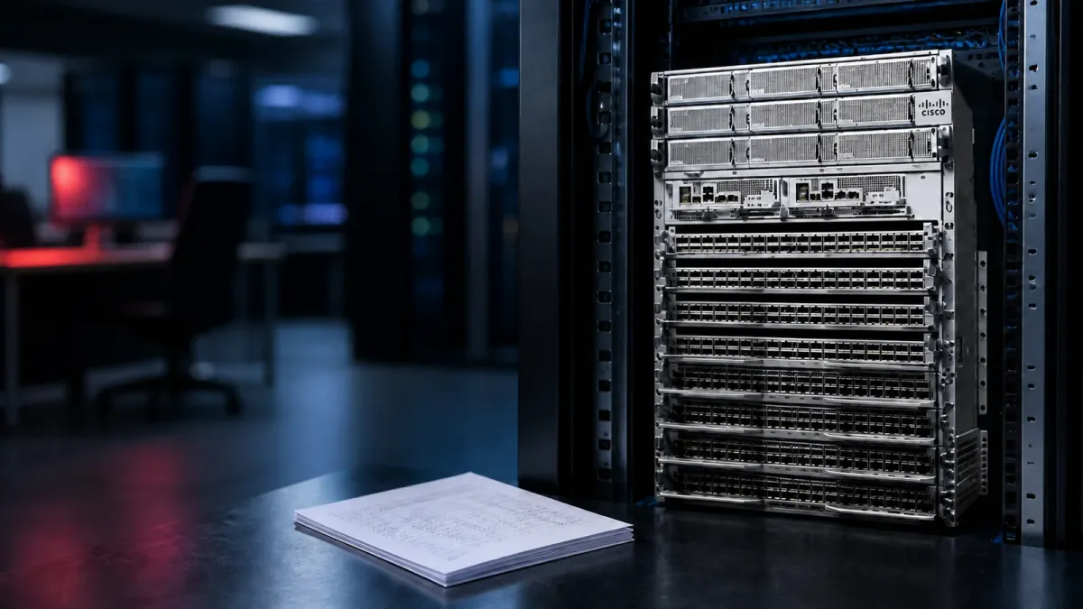 Cisco networking hardware lit in cool blue beside an earnings packet and a muted red market reflection
