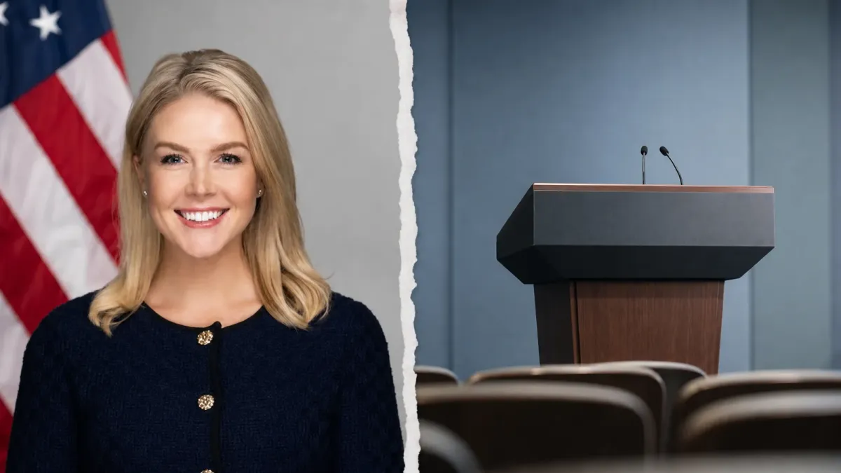 Karoline Leavitt beside an empty White House press lectern in an editorial transition image