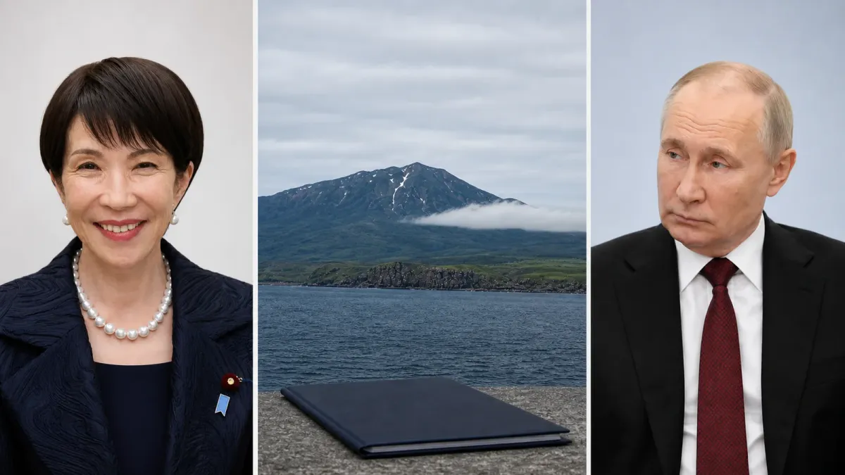 Three-panel editorial composition of Sanae Takaichi, the volcanic Iturup coastline and Vladimir Putin