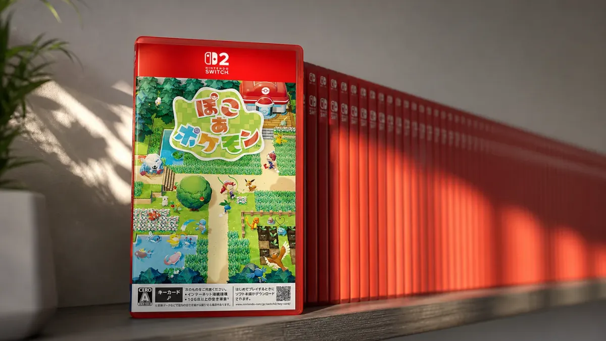 Pokémon Pokopia Nintendo Switch 2 game case leading a long shelf of red game cases under five pools of light