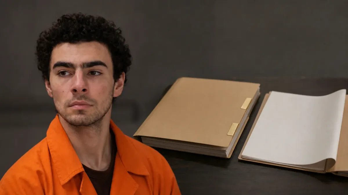 Source-grounded portrait of Luigi Mangione beside one closed court file and one open case file
