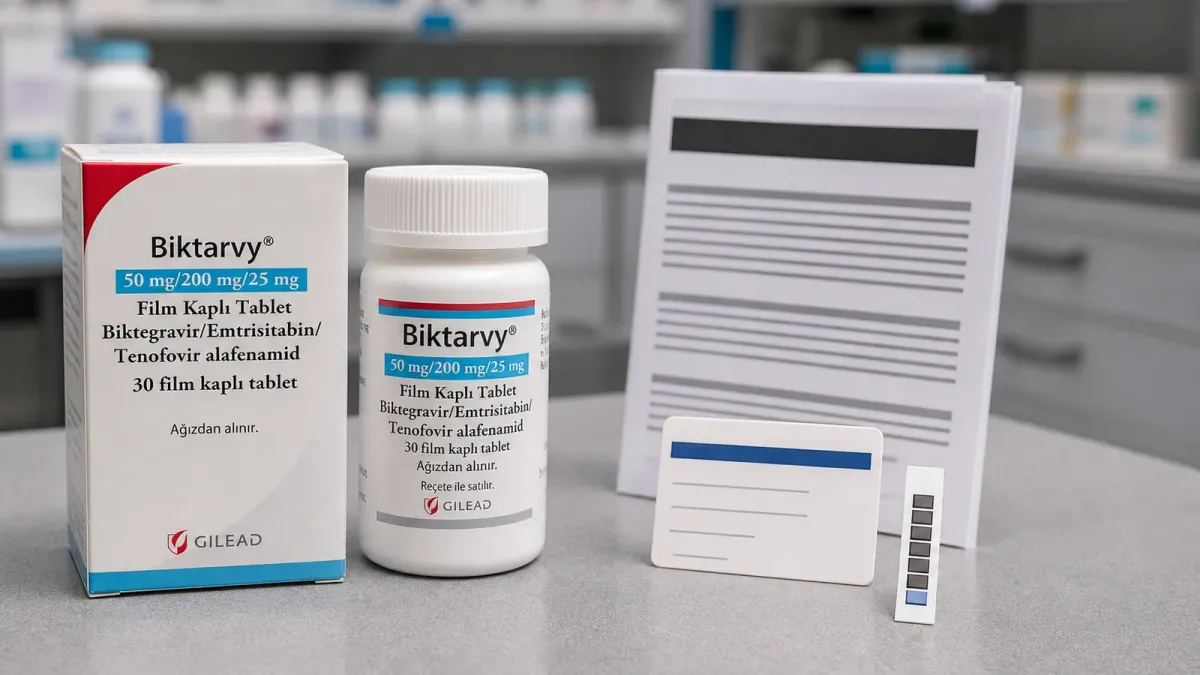 Biktarvy packaging staged at a pharmacy verification checkpoint with U.S. label and temperature-tracking materials
