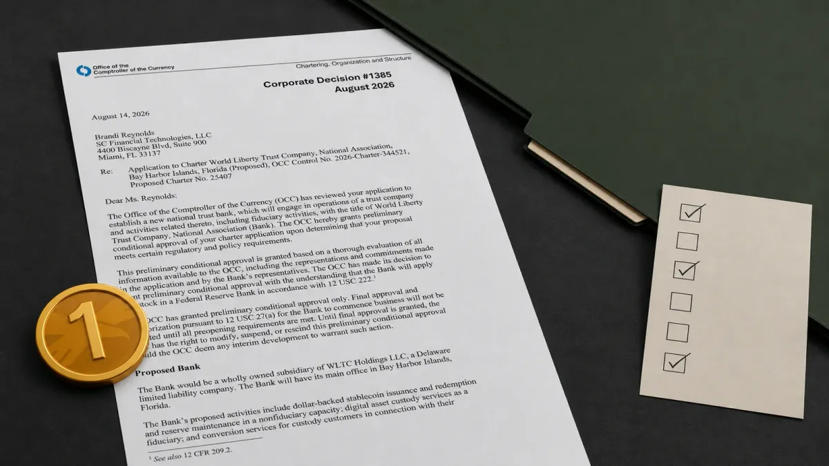 A gold USD1 coin rests at a closed divider above OCC Corporate Decision 1385 and an unfinished checklist.