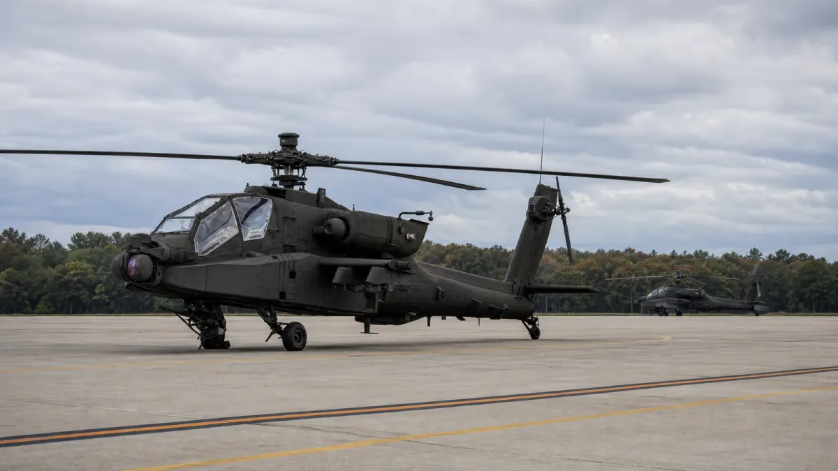 A U.S. Army AH-64E Apache sits stationary on an empty training apron with its rotor stopped.