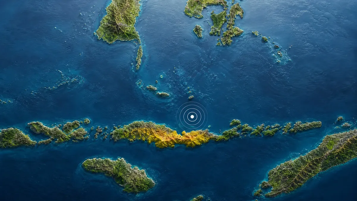 A source-grounded topographic view of Flores and nearby Indonesian islands with the offshore earthquake zone emphasized