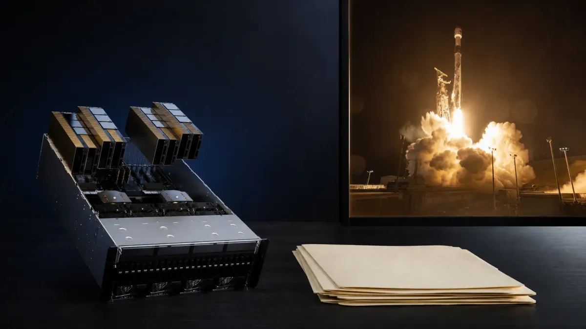 Nvidia H100 computing hardware beside blank quarter-end filing papers, with a SpaceX Falcon 9 launch glowing in the distance.