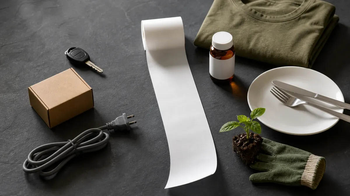 Retail objects split around a blank receipt, with car, shipping and electronics items opposite clothing, pharmacy, dining and garden items