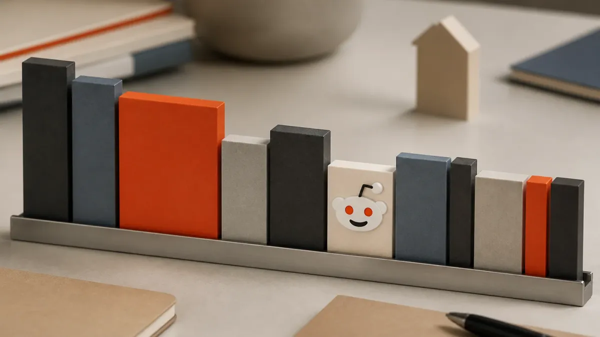 A Reddit Snoo portfolio card joining a row of differently sized index-fund blocks on a tabletop balancing rail