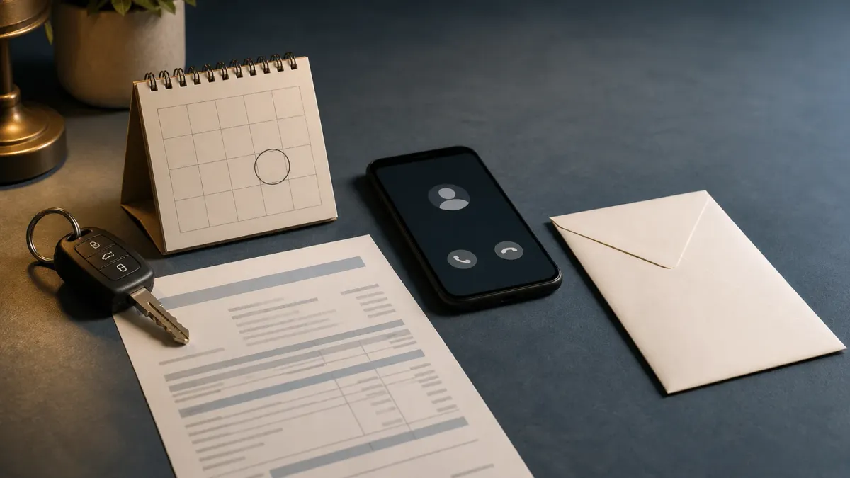 A car key, blank payment calendar and generic loan statement arranged beside an unopened envelope on a desk.