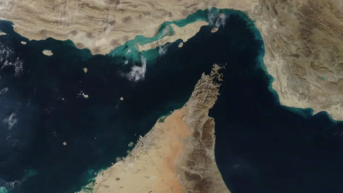 NASA satellite view of the Strait of Hormuz between Iran's coast and Oman's Musandam Peninsula