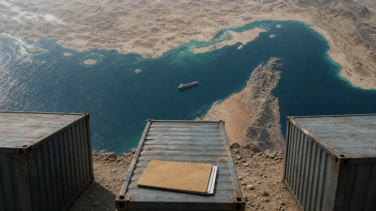 Editorial composite of the Strait of Hormuz satellite view framed by cargo containers and a paused merchant vessel.
