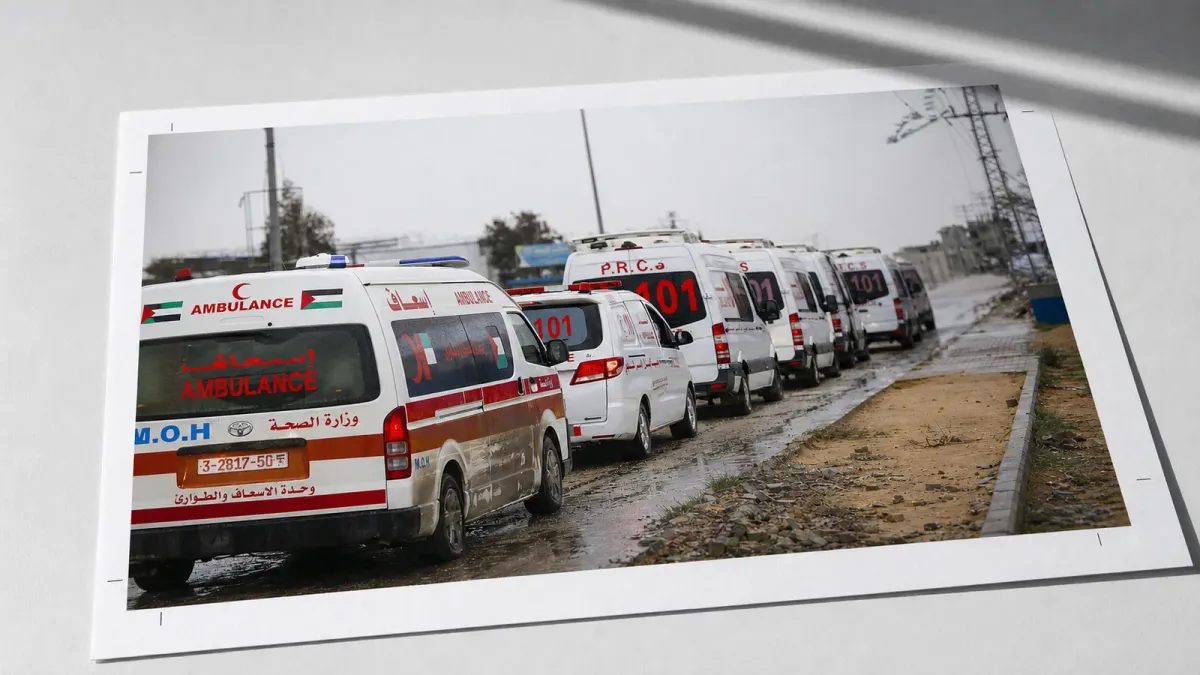 Palestinian Red Crescent ambulances at Rafah crossing shown in a source-grounded editorial evidence-review treatment