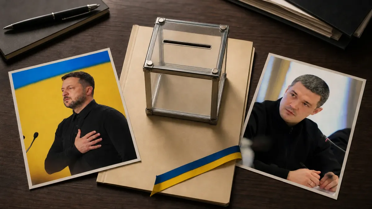 Official photographs of Volodymyr Zelenskyy and Mykhailo Fedorov lie on opposite sides of a closed empty ballot box and an unmarked law folder.