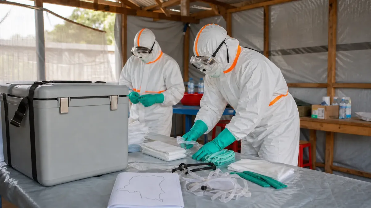 A cold-chain carrier and protective gear staged in a Democratic Republic of the Congo Ebola treatment setting