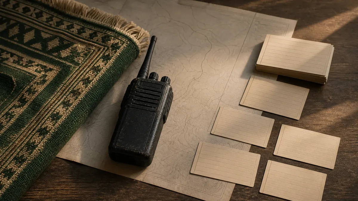 A prayer rug edge, field radio and separated blank tally cards arranged on a rescue-planning table.