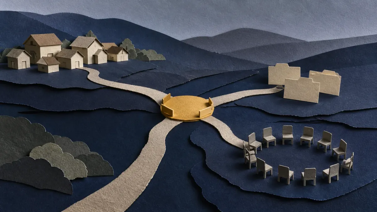 A cut-paper hillside path divides into routes for homes, investigation and missing people at one narrow checkpoint.