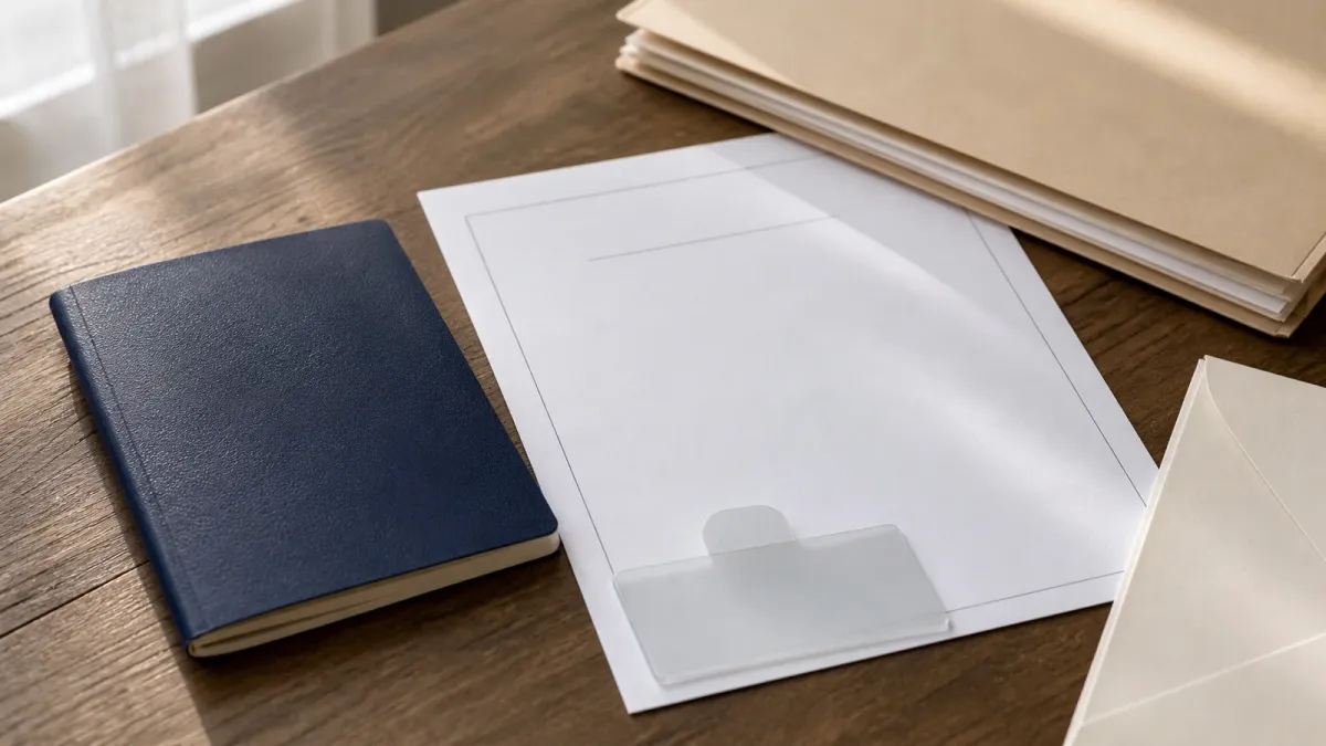 A passport, blank appointment sheet and case folder arranged on a table while an unused travel envelope sits aside.