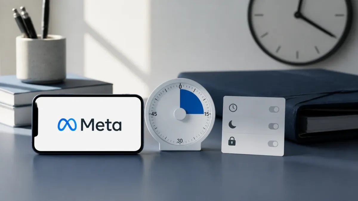 A smartphone showing Meta’s verified identity beside an analog two-hour timer and a parent-control card