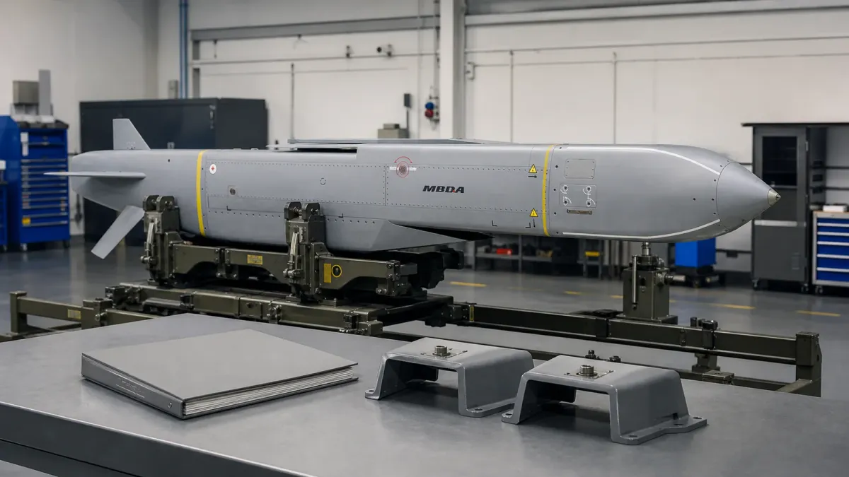 A recognizable Storm Shadow missile on an assembly cradle beside sealed technical documents and mounting components