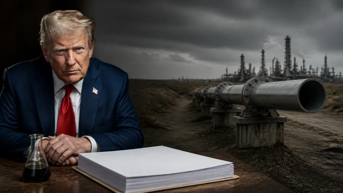 A source-grounded editorial composition of Donald Trump beside heavy crude, blank contract papers and an interrupted pipeline.