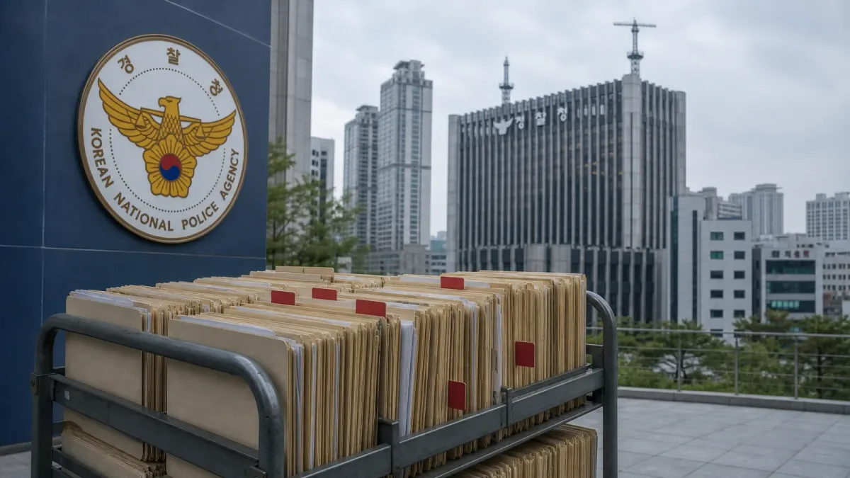 A source-grounded view of the National Police Agency headquarters behind an archive cart of closed files marked for review.