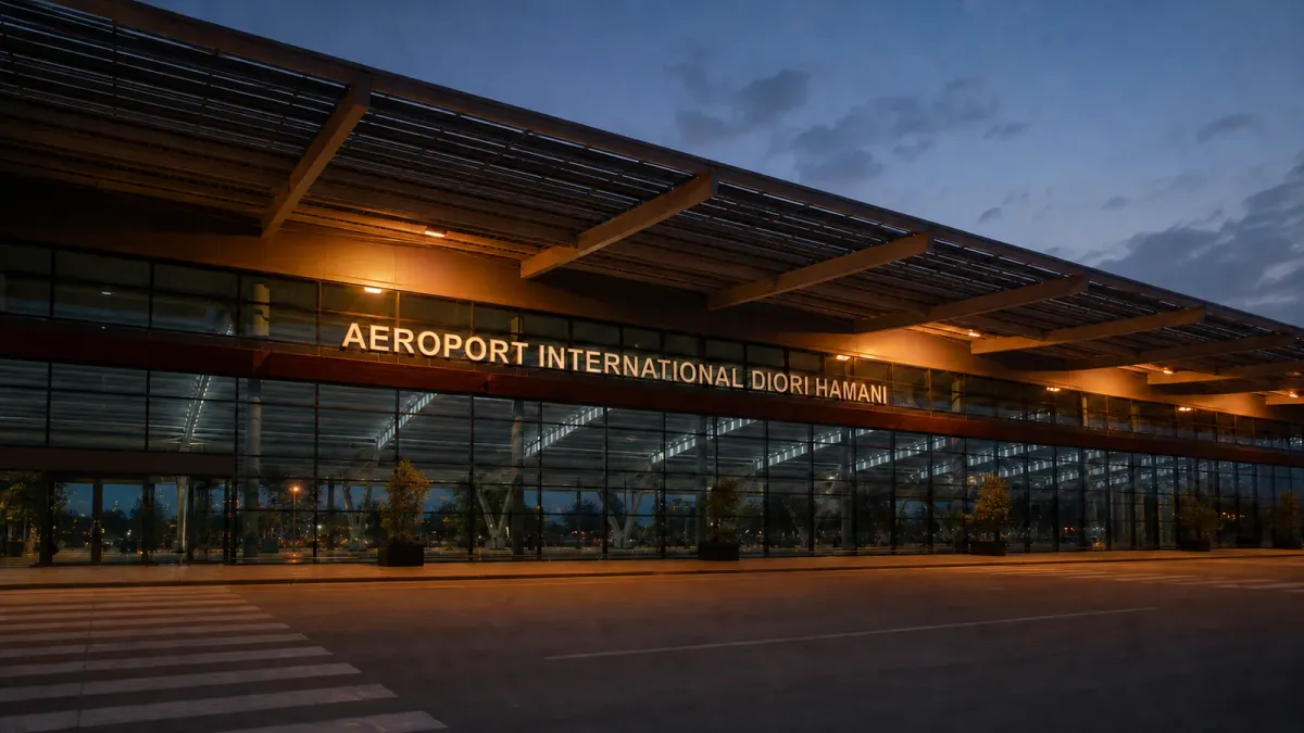 Diori Hamani International Airport’s glass terminal in Niamey under subdued evening light