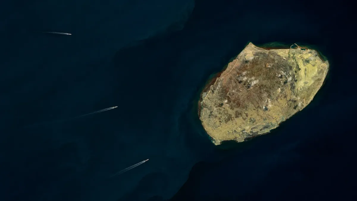 Satellite-style view of Larak Island beside the deep-water shipping channel in the Strait of Hormuz