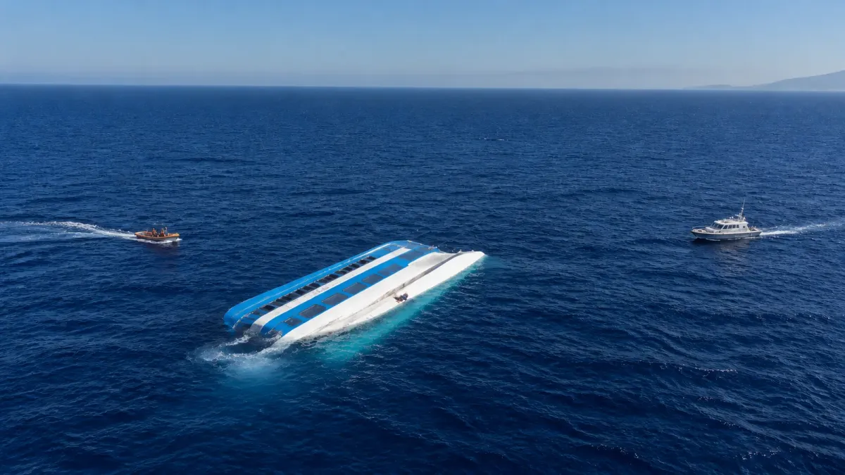 Overturned blue-and-white passenger ferry surrounded by rescue craft off northern Cyprus