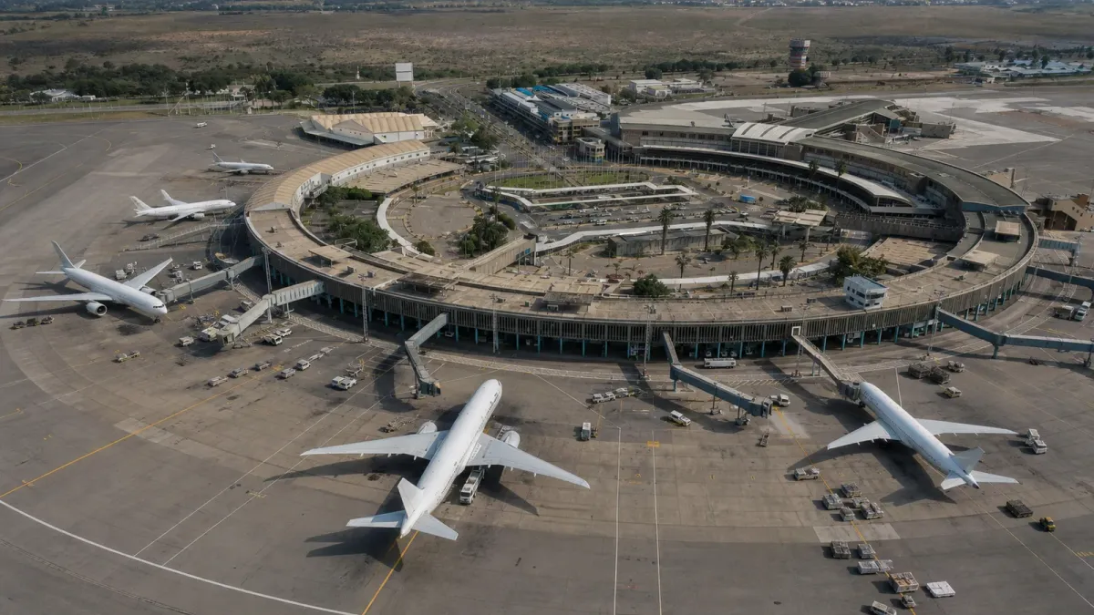 Aircraft at occupied and empty stands around Jomo Kenyatta International Airport’s circular terminal