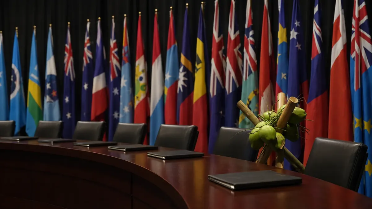 Pacific Islands Forum flags behind a summit table with one empty place offset from aligned blank folders