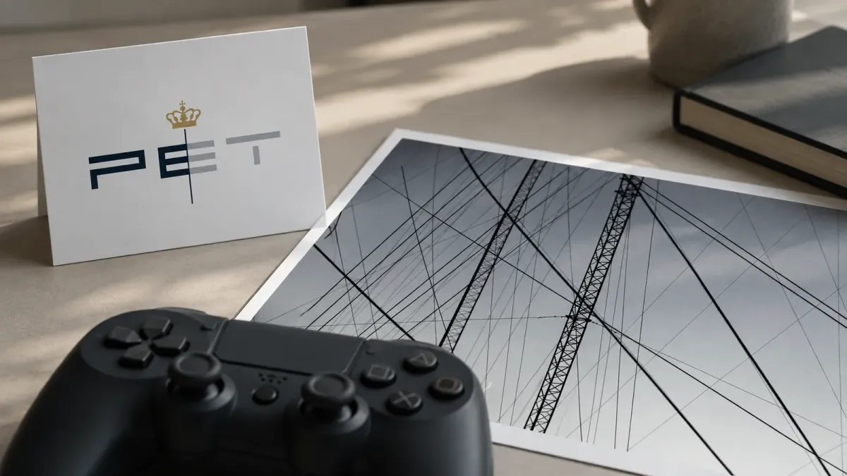 AI photo illustration pairing PET’s verified identity with a game controller and an infrastructure photo print to represent reported online recruitment for reconnaissance.