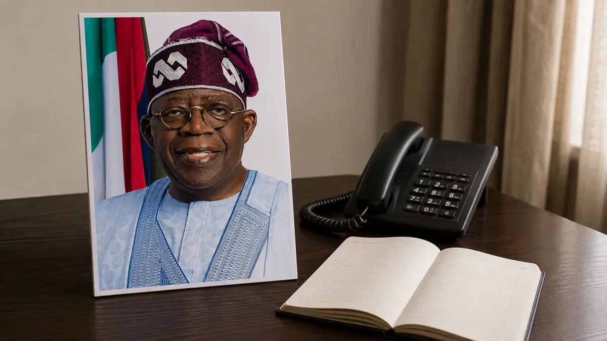 AI photo illustration of a source-grounded Bola Tinubu portrait beside a telephone and blank accounting notebook, representing families awaiting rescue updates.
