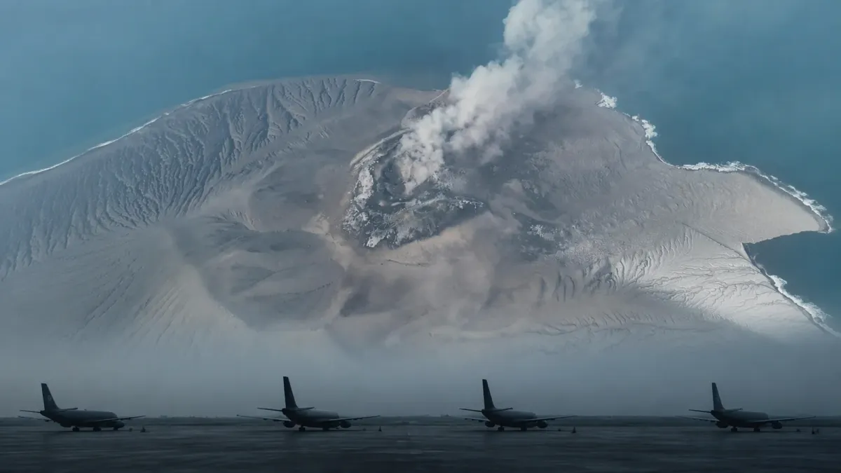 Anak Krakatau’s ash plume above the island with grounded, unbranded aircraft in a clearly editorial foreground treatment.