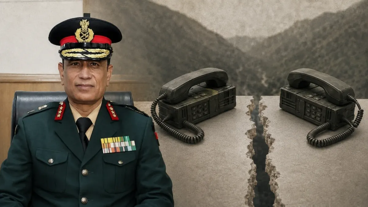 Lieutenant General Girish Kalia beside two separated field telephones in an editorial treatment of the new India-China border channel.