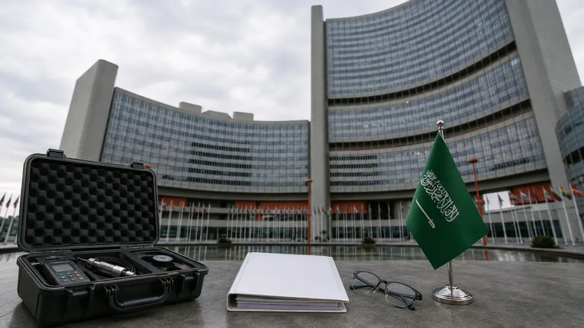 The International Atomic Energy Agency headquarters in Vienna with a staged inspection case, blank safeguards binder and small Saudi flag in the foreground.