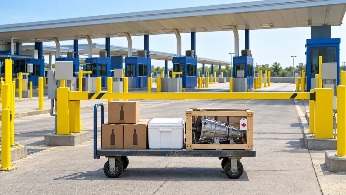 A source-grounded editorial view of Canadian goods stopped at a United States border inspection lane