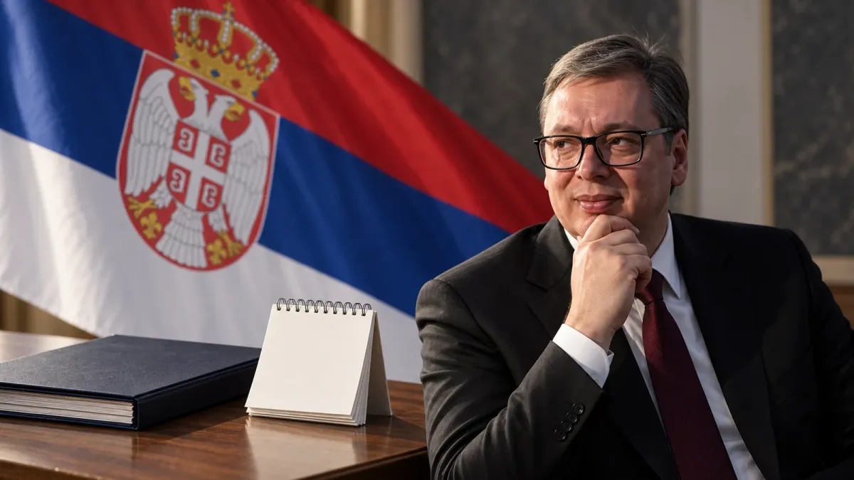 A source-grounded editorial portrait of Aleksandar Vučić beside the Serbian flag and blank election calendar pages