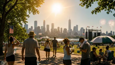 People seek shade and carry water during a hot July Fourth gathering near a city skyline