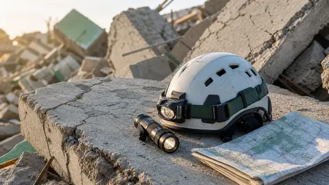A rescue helmet, flashlight, and folded map resting on cracked concrete rubble
